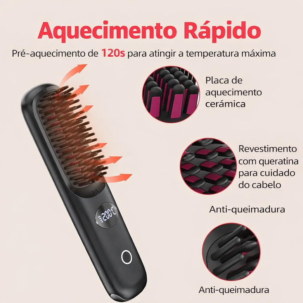 Escova alisadora de cabelo sem fio Portátil